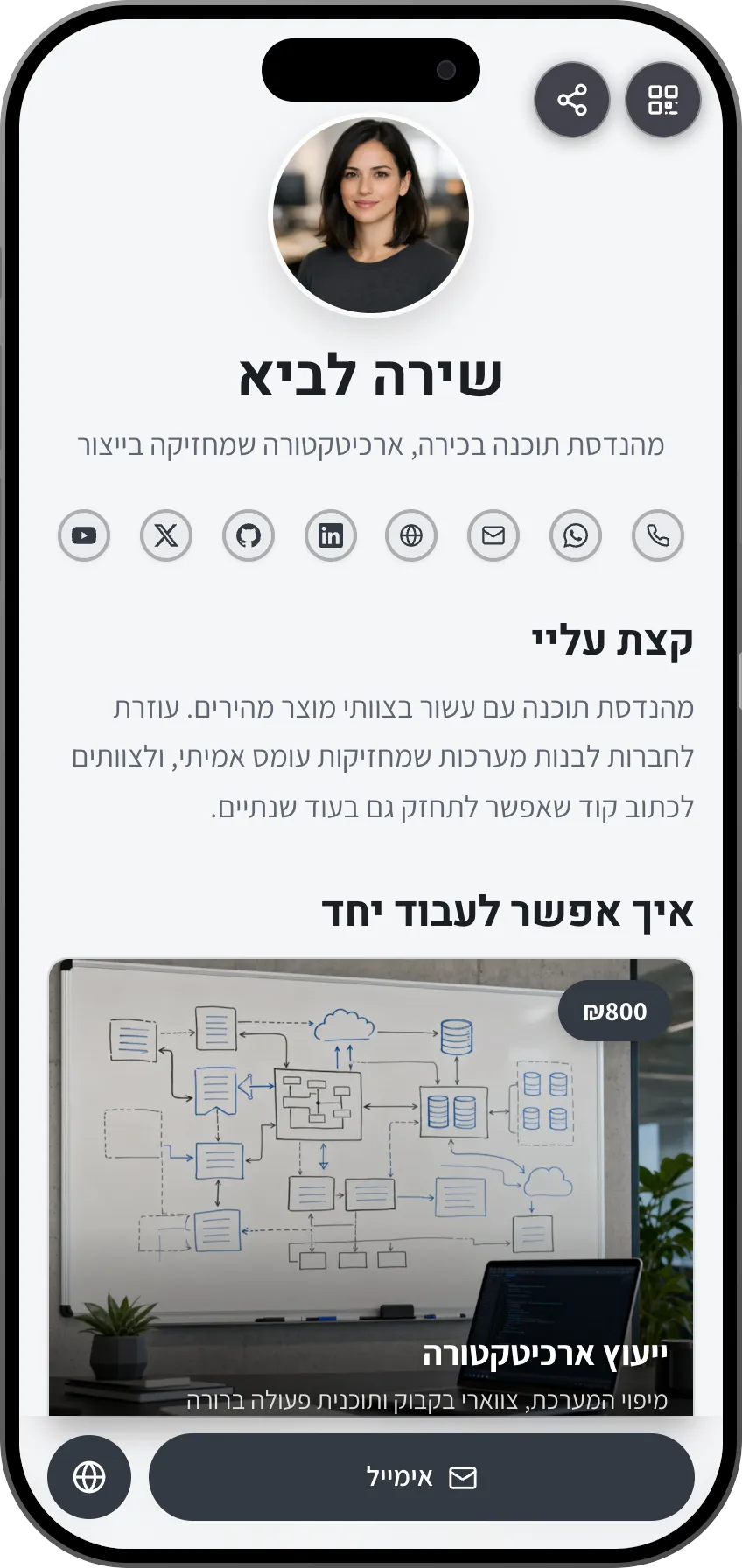 תבנית כרטיס ביקור דיגיטלי למהנדסי תוכנה: ניסיון וקישורי גיטהאב. תבנית של MyVisito
