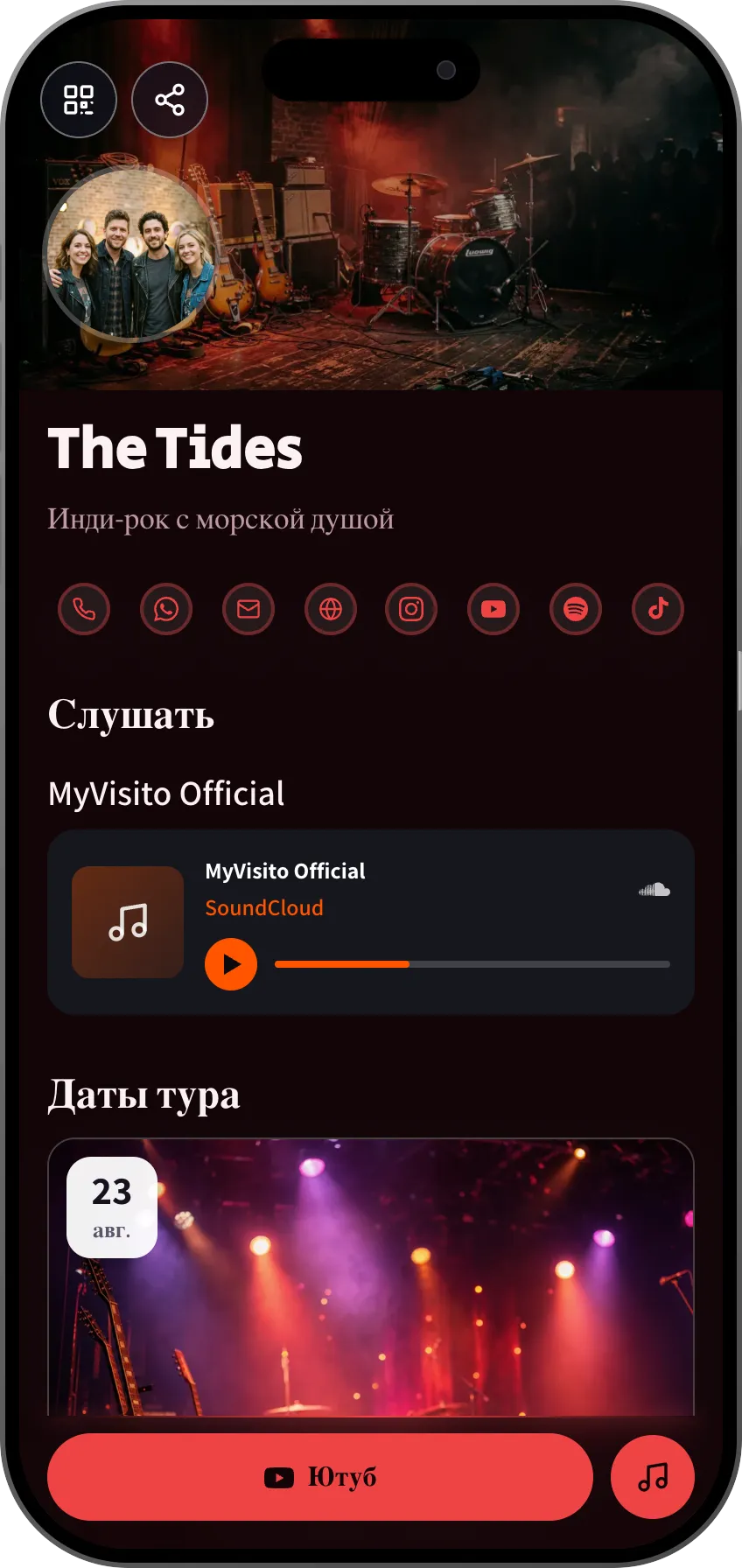 Шаблон цифровой визитки для группы: даты тура, клипы и музыка. Шаблон MyVisito