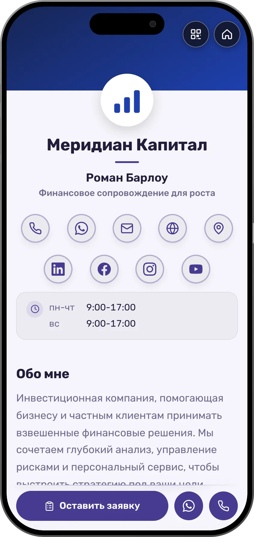 Шаблон цифровой визитки для финансовой компании: логотип и услуги. Шаблон MyVisito