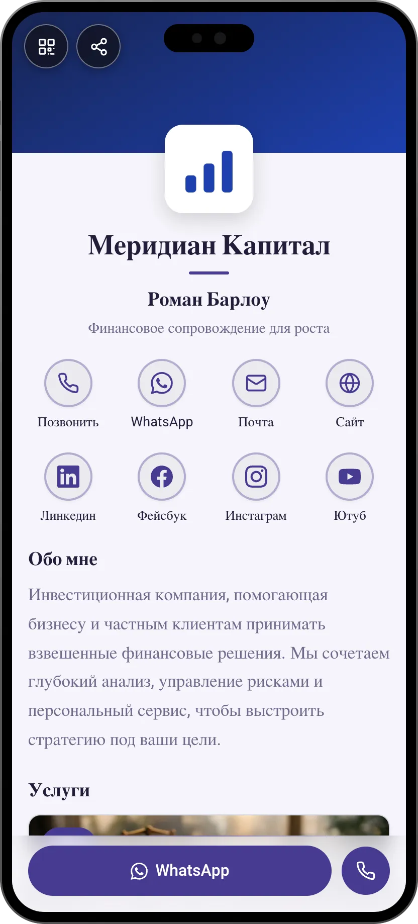 Шаблон цифровой визитки для финансовой компании: логотип и услуги. Шаблон MyVisito