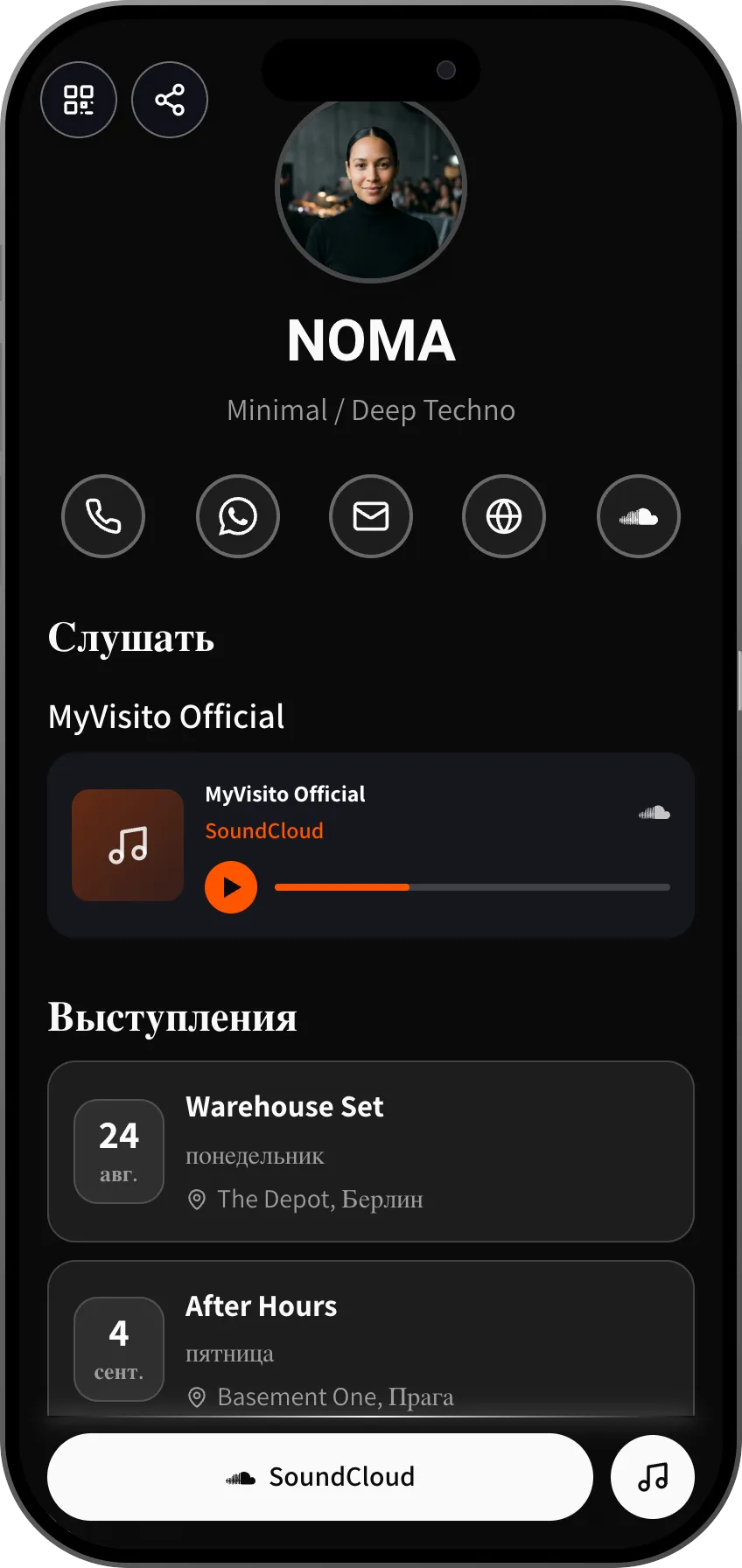 Минималистичный шаблон цифровой визитки для техно-диджея: сеты и афиша. Шаблон MyVisito