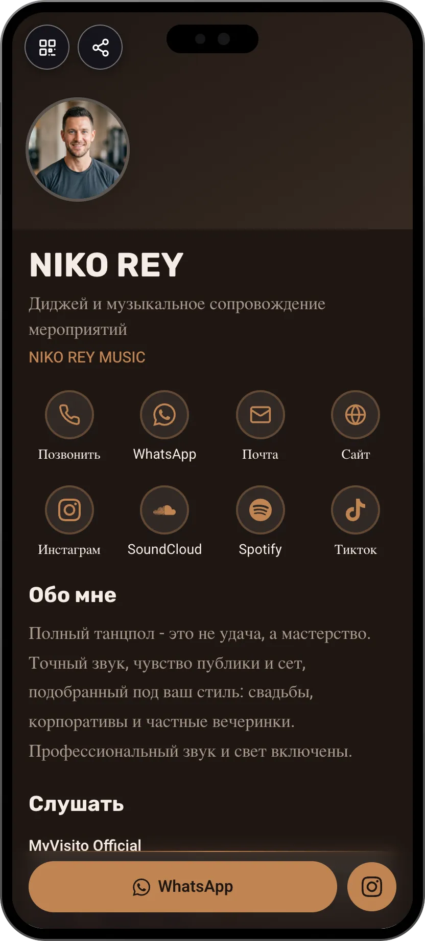 Шаблон цифровой визитки для event-диджея: пакеты, сеты и отзывы. Шаблон MyVisito
