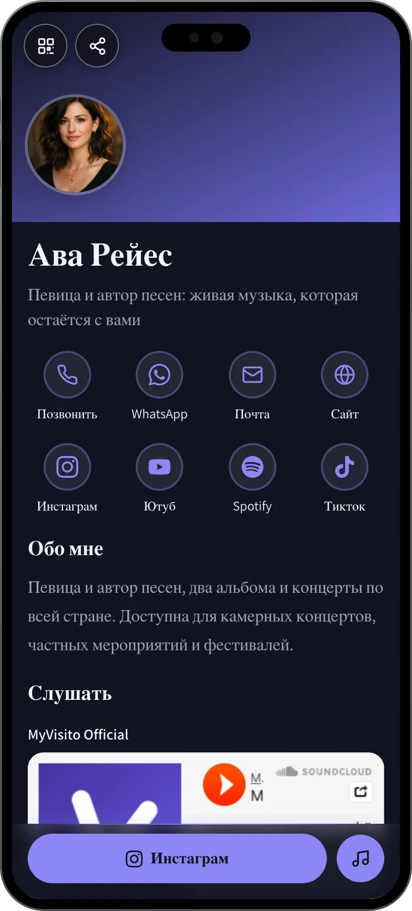 Шаблон цифровой визитки для музыканта: концерты, музыка и букинг. Шаблон MyVisito