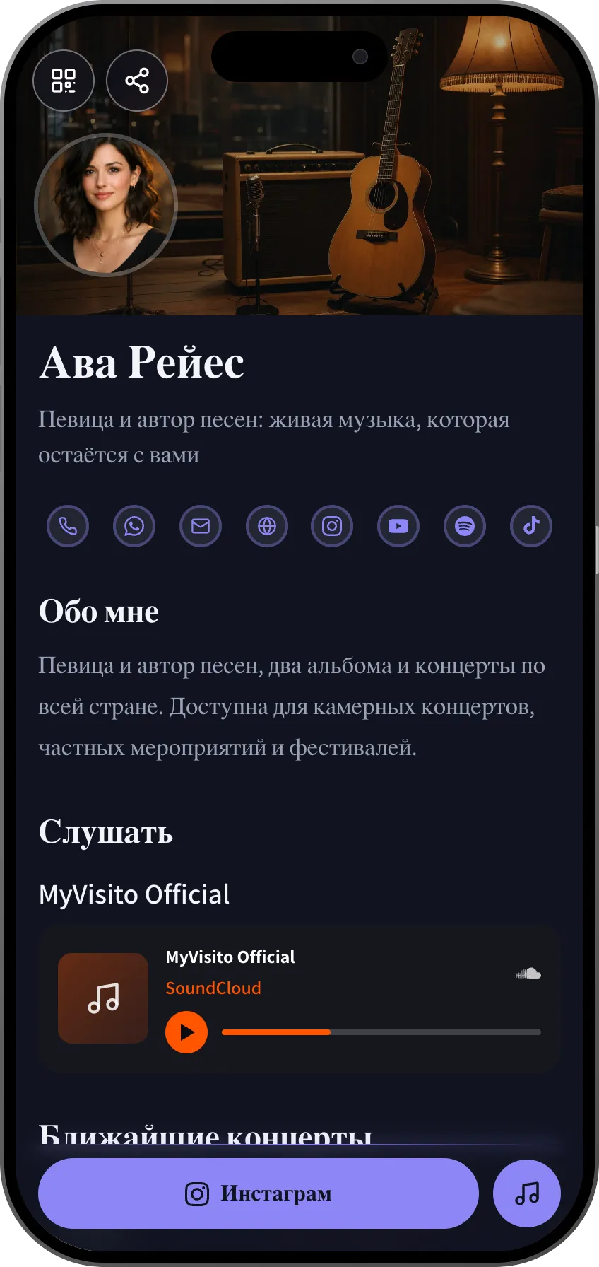 Шаблон цифровой визитки для музыканта: концерты, музыка и букинг. Шаблон MyVisito