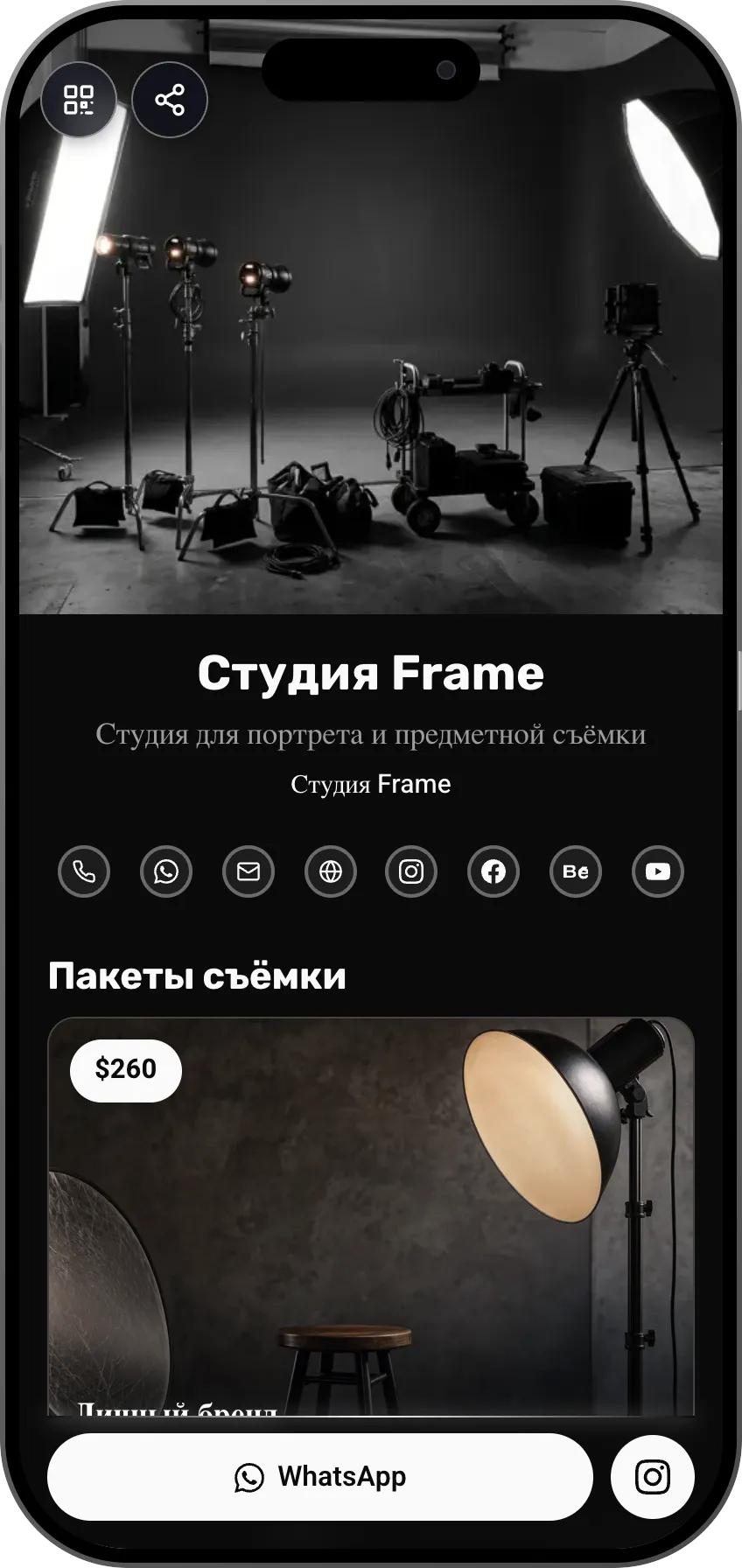 Шаблон цифровой визитки для фотостудии: пакеты съёмки и галерея. Шаблон MyVisito