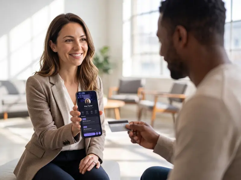 A digital business card that can also take the payment and fill the calendar