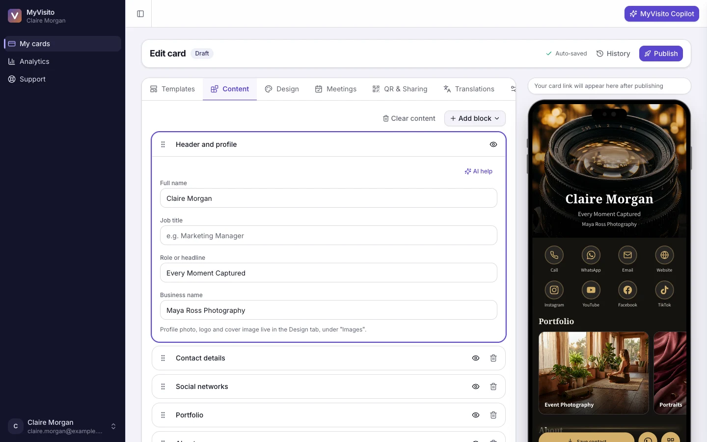 The editor with a live preview of the card
