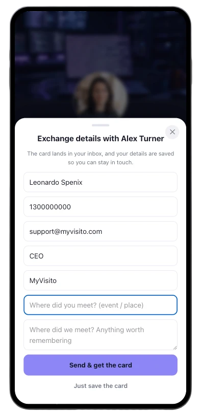 The exchange screen on a digital business card: the guest leaves a name, phone and email, and the details are saved for the card owner with the place they met