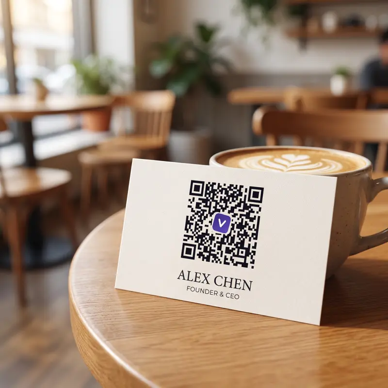 קוד ה-QR של הכרטיס הדיגיטלי מודפס על כרטיס ביקור מנייר: הנייר נשאר, ומוביל לעמוד החי