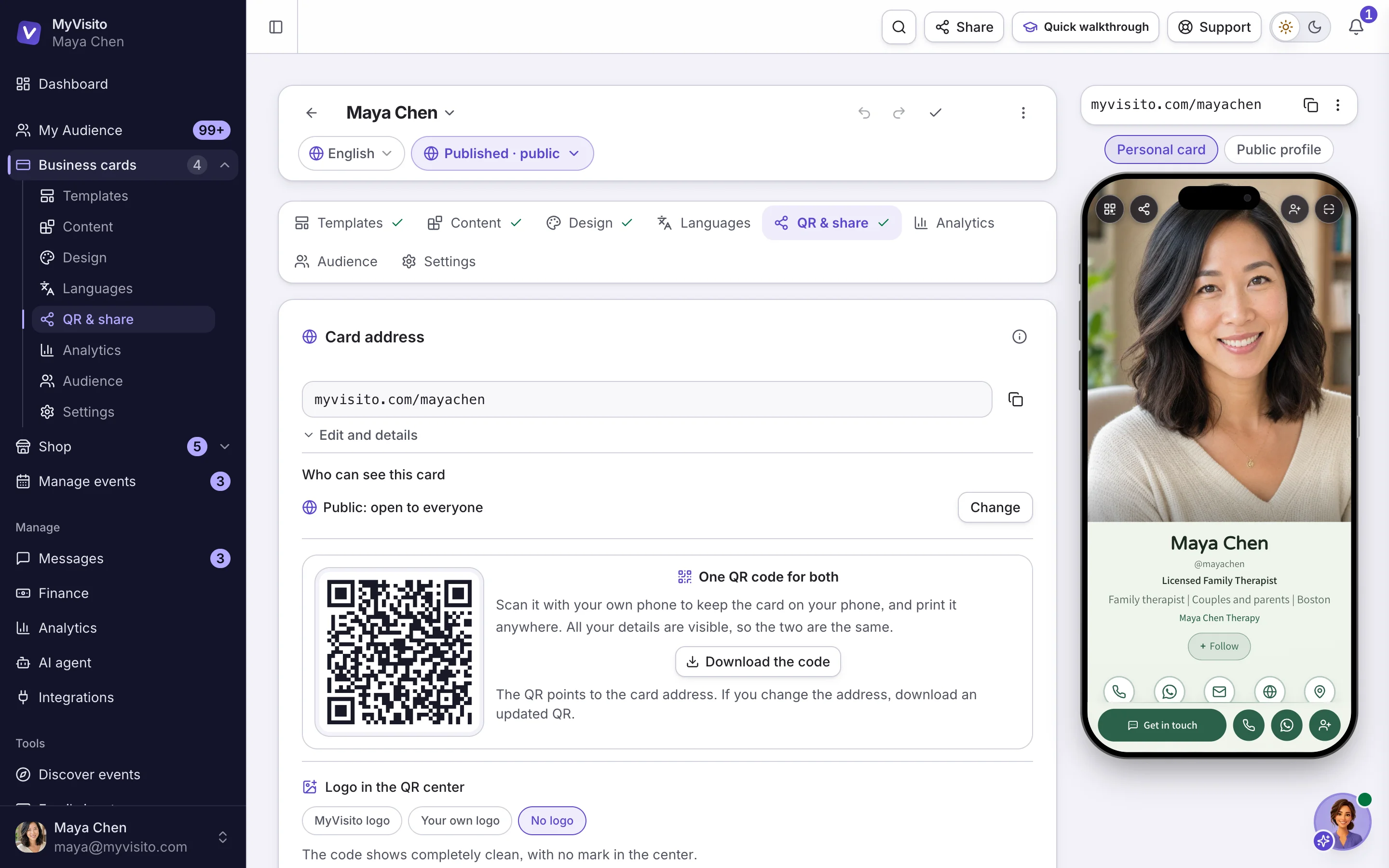 The QR and sharing tab in the card editor: the print-ready code, the short address and the download button