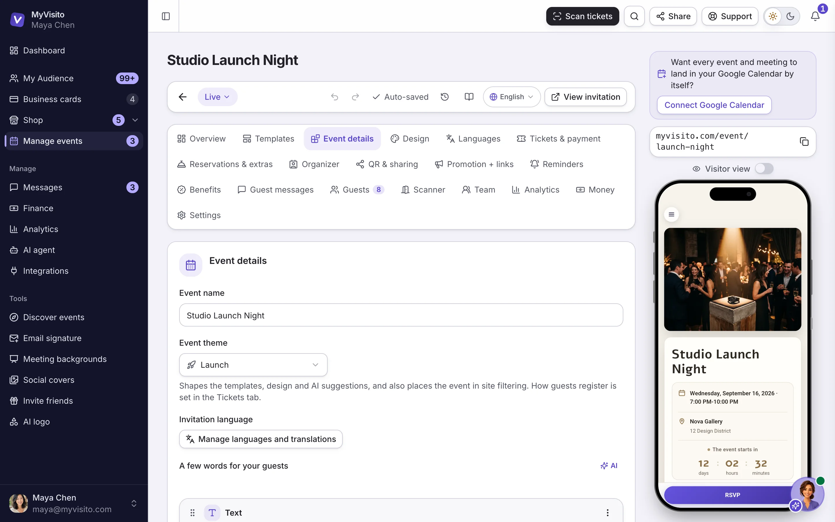 The event editor: invitation content on one side, a live preview on the other