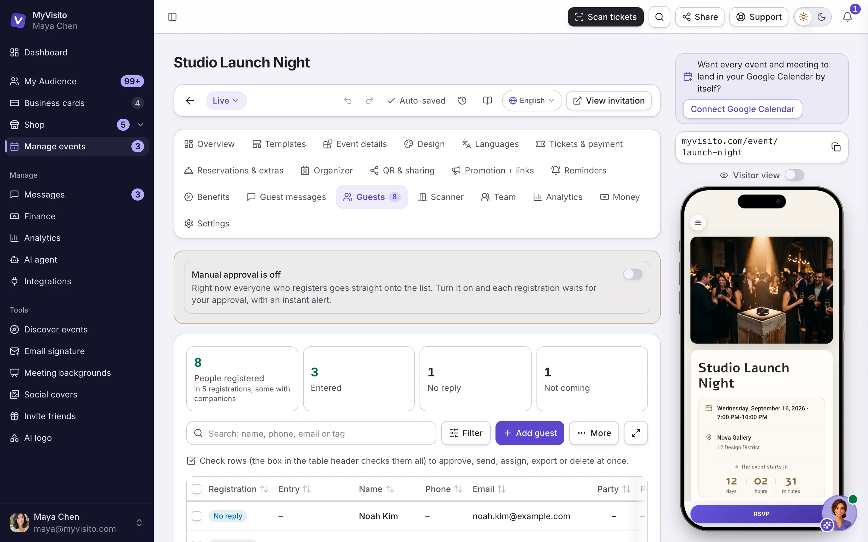 The registrations list: statuses, how many are coming, who paid and who checked in