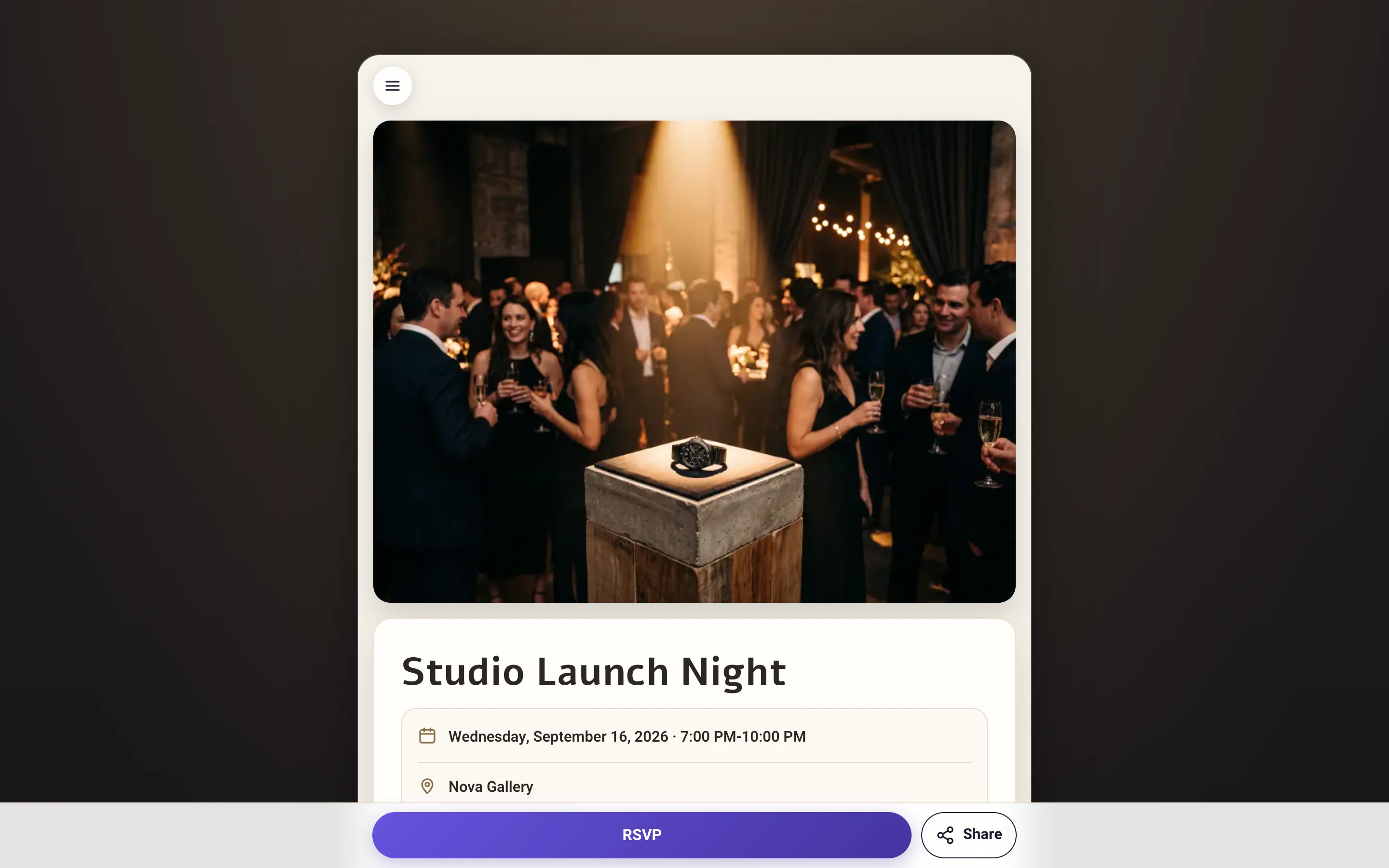 A real digital event invitation built with MyVisito: event details, schedule and an RSVP button