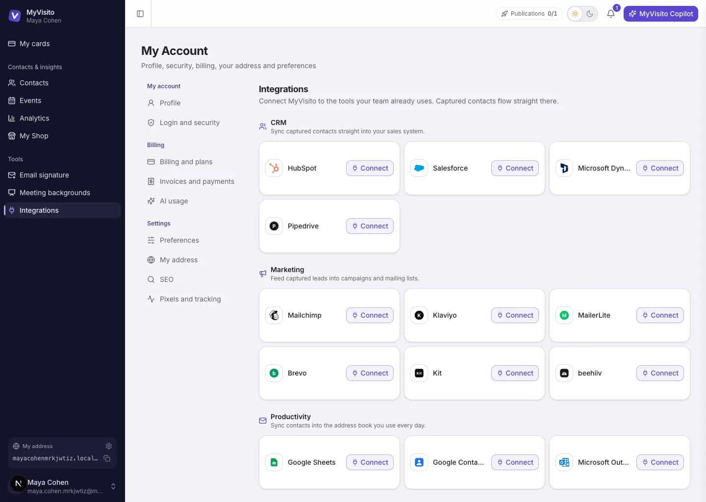 The integrations screen, grouped by category
