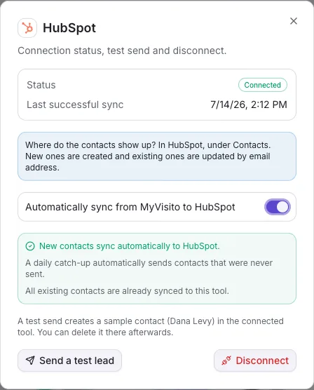 The manage dialog: connection status, automatic sync, test and disconnect