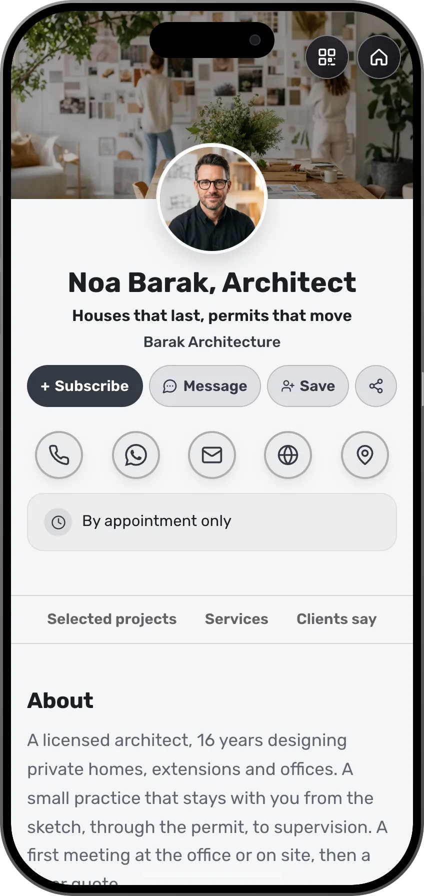 The digital business card of Nora Blake, Architect