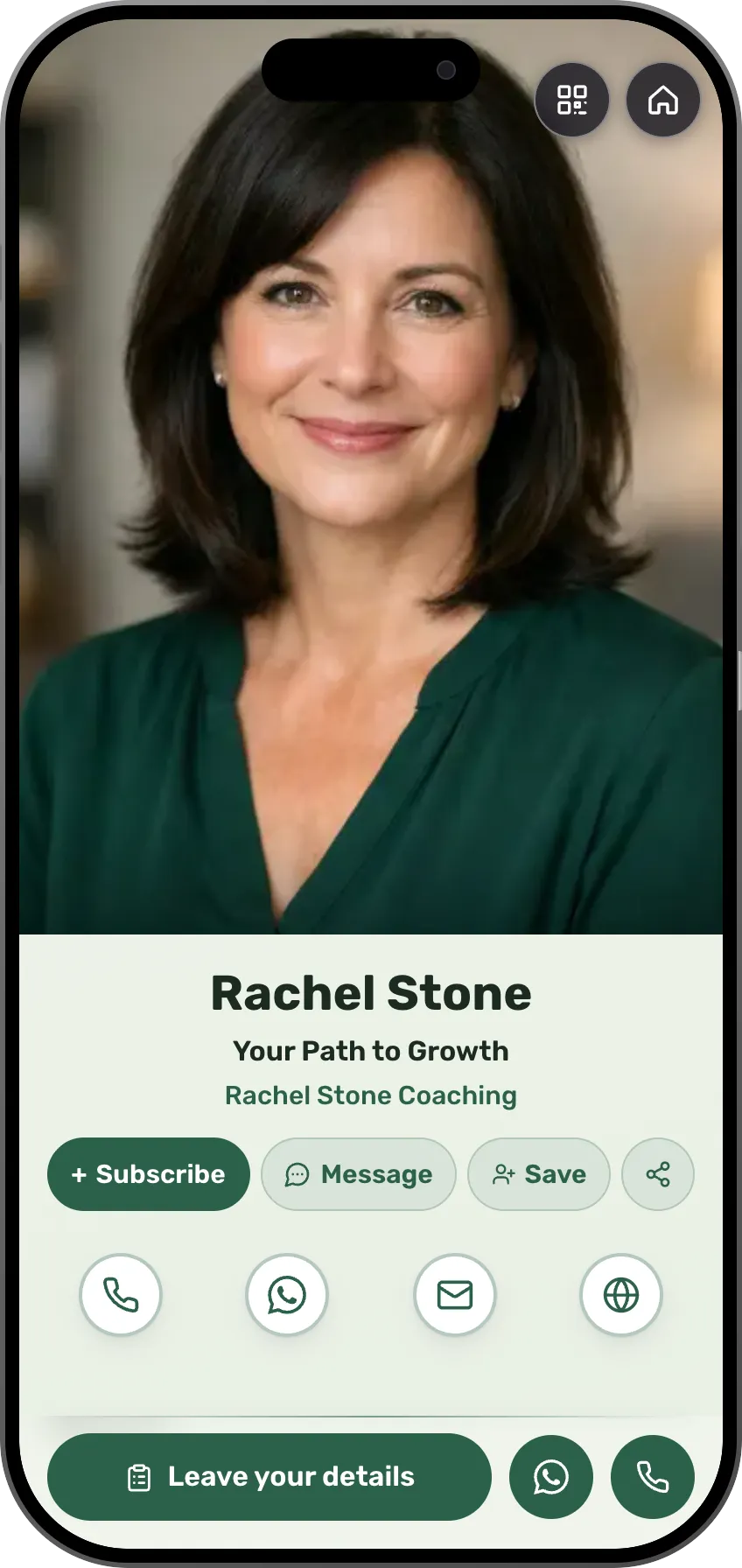 A business page with services, prices and contact buttons, as it looks on a phone